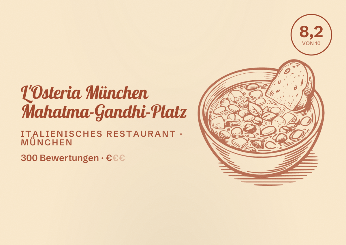 Illustriertes Poster von L'Osteria München Mahatma-Gandhi-Platz, Italienisches Restaurant in München: Bewertung 8,2 von 10 aus 300 Bewertungen, Preisniveau €