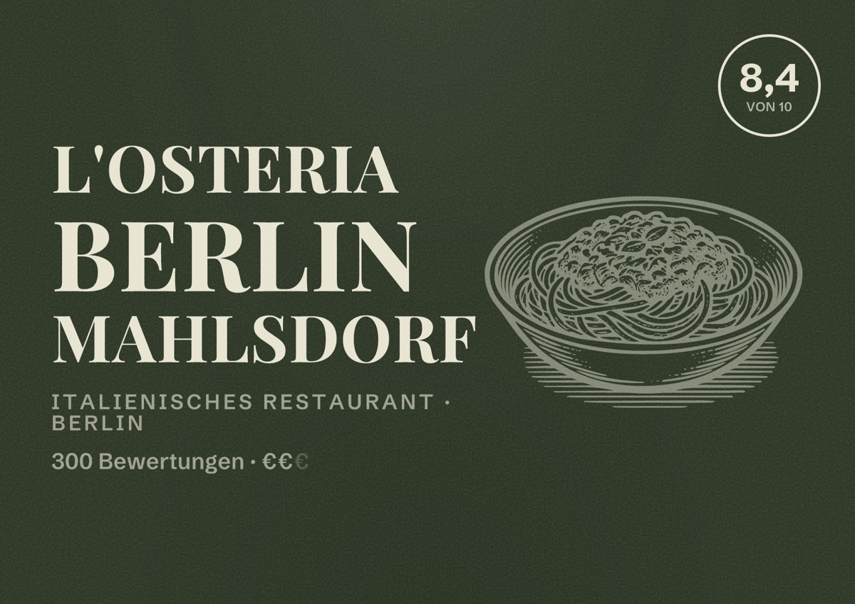 Illustriertes Poster von L'Osteria Berlin Mahlsdorf, Italienisches Restaurant in Berlin: Bewertung 8,4 von 10 aus 300 Bewertungen, Preisniveau €€