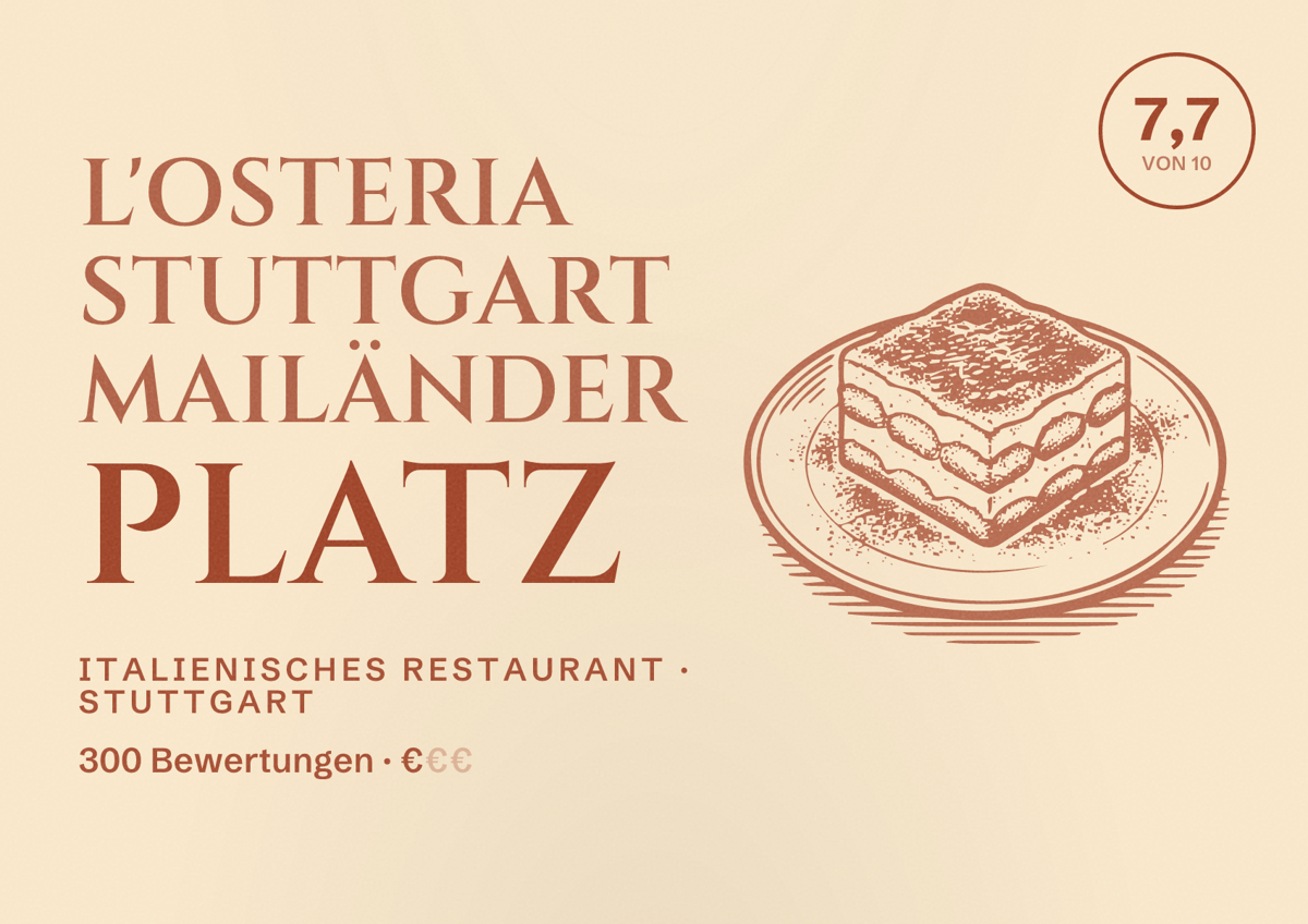 Illustriertes Poster von L'Osteria Stuttgart Mailänder Platz, Italienisches Restaurant in Stuttgart: Bewertung 7,7 von 10 aus 300 Bewertungen, Preisniveau €