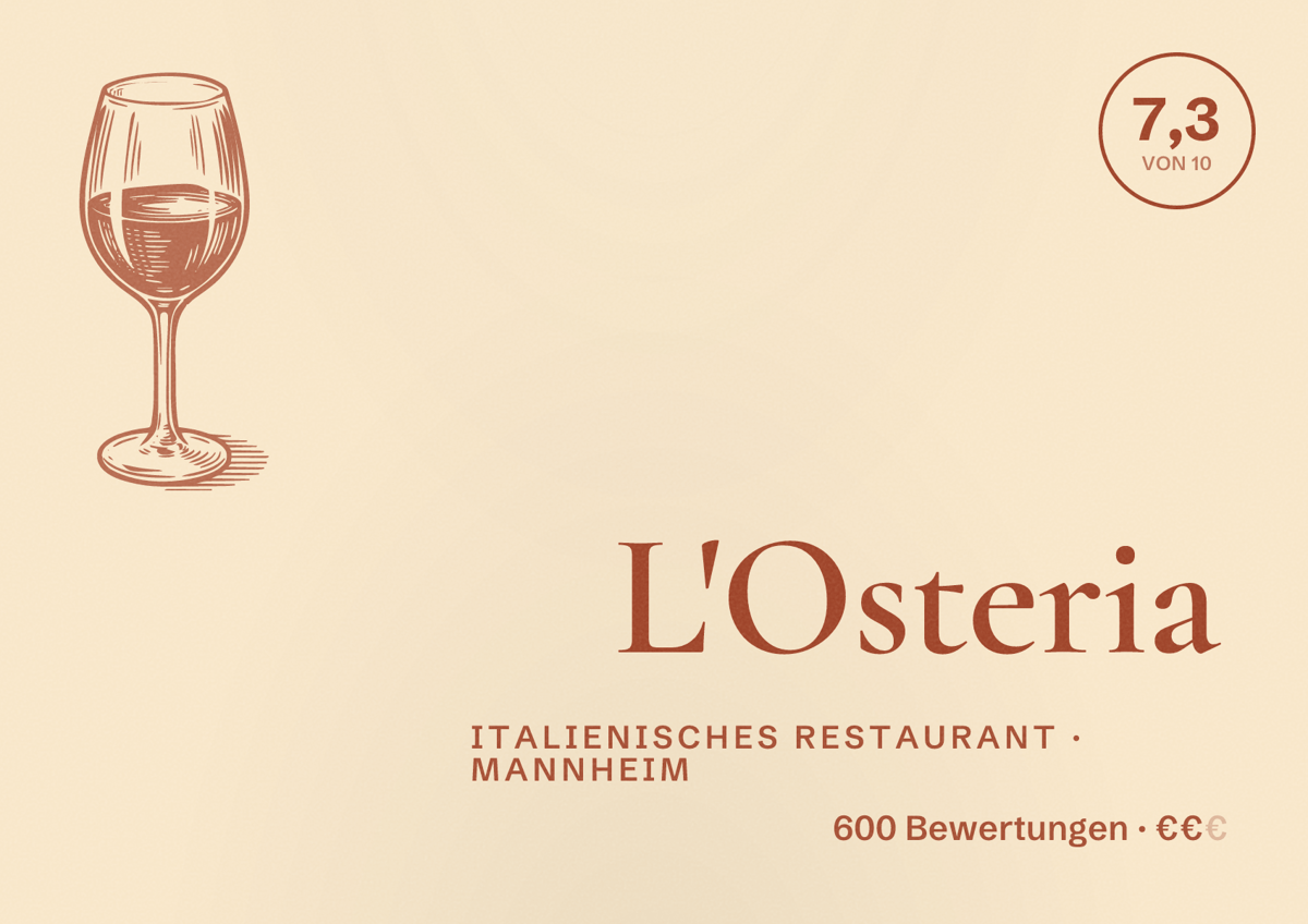 Illustriertes Poster von L'Osteria, Italienisches Restaurant in Mannheim: Bewertung 7,3 von 10 aus 600 Bewertungen, Preisniveau €€