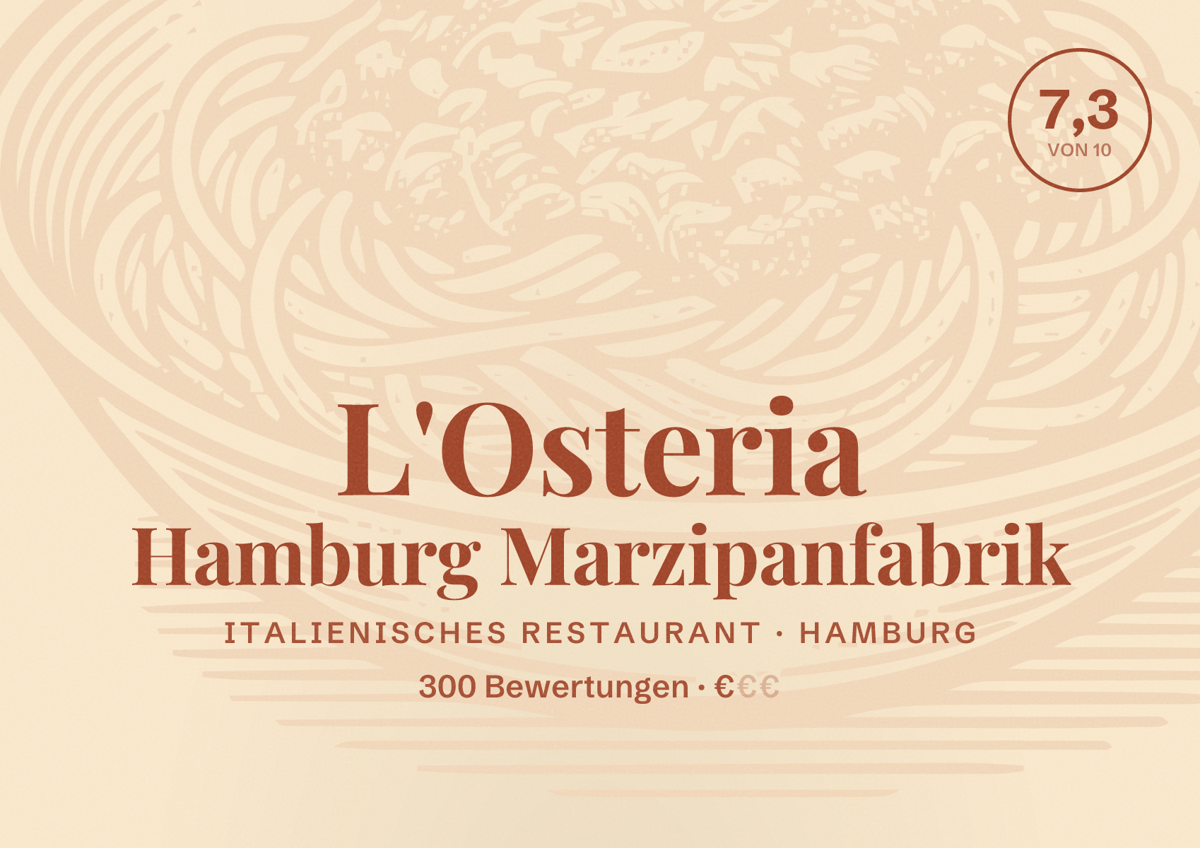 Illustriertes Poster von L'Osteria Hamburg Marzipanfabrik, Italienisches Restaurant in Hamburg: Bewertung 7,3 von 10 aus 300 Bewertungen, Preisniveau €