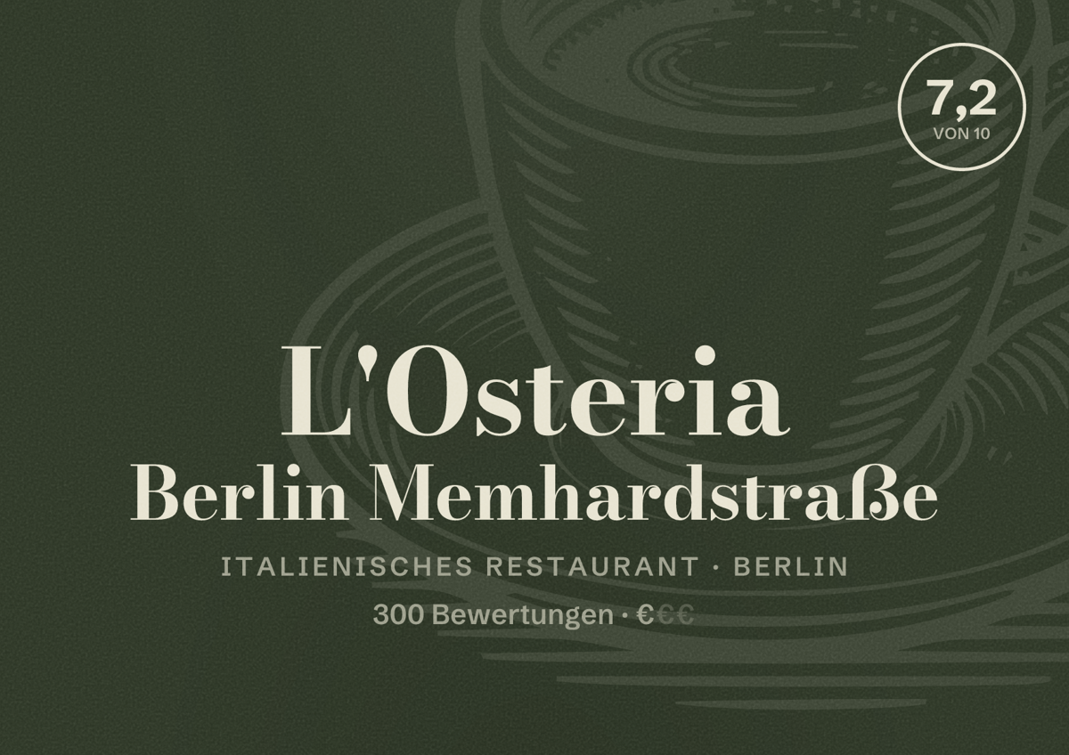 Illustriertes Poster von L'Osteria Berlin Memhardstraße, Italienisches Restaurant in Berlin: Bewertung 7,2 von 10 aus 300 Bewertungen, Preisniveau €