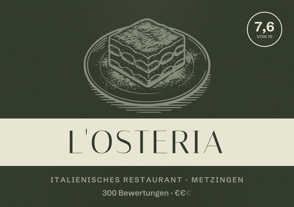 Illustriertes Poster von L'Osteria, Italienisches Restaurant in Metzingen: Bewertung 7,6 von 10 aus 300 Bewertungen, Preisniveau €€