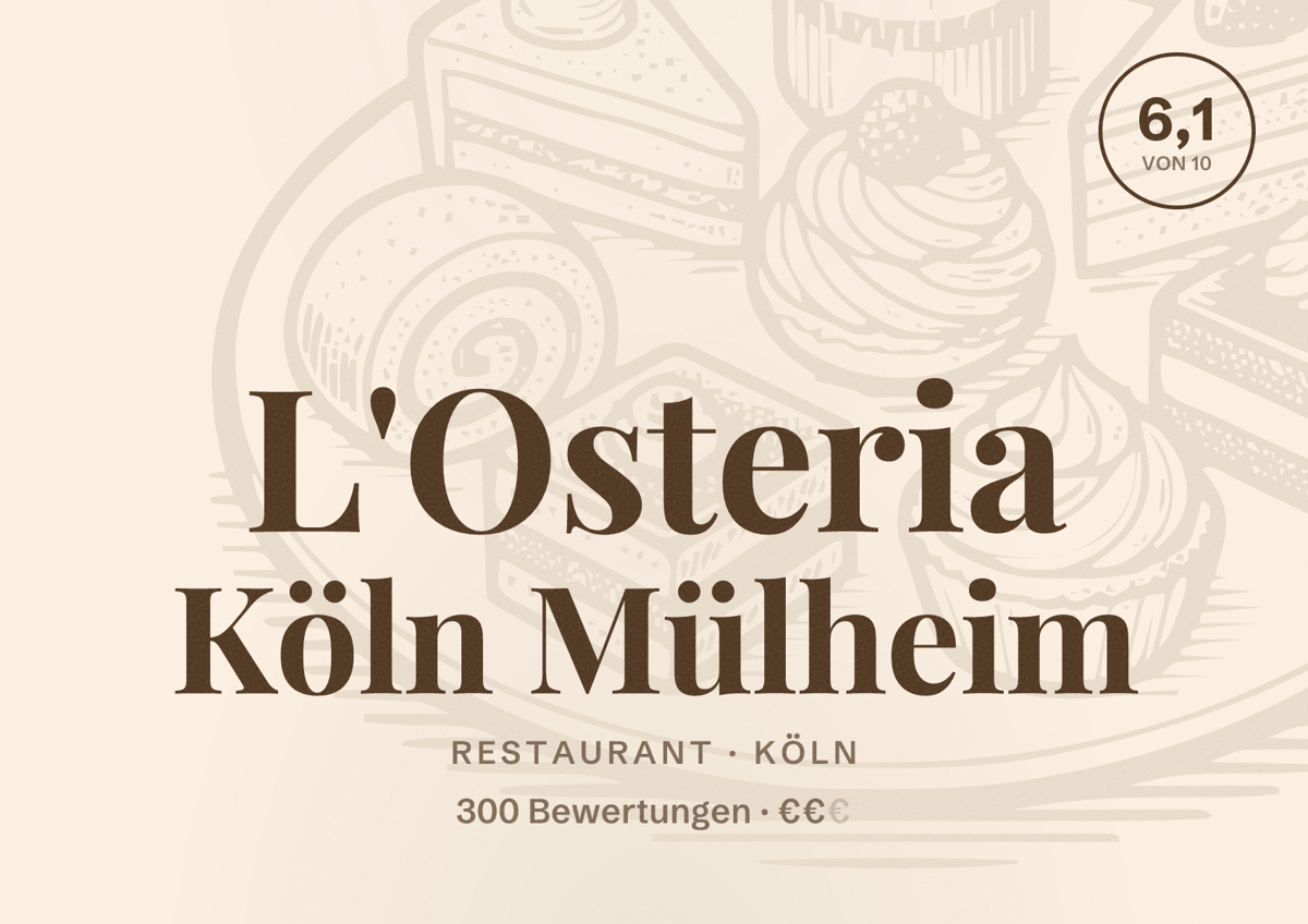 Illustriertes Poster von L'Osteria Köln Mülheim, Restaurant in Köln: Bewertung 6,1 von 10 aus 300 Bewertungen, Preisniveau €€