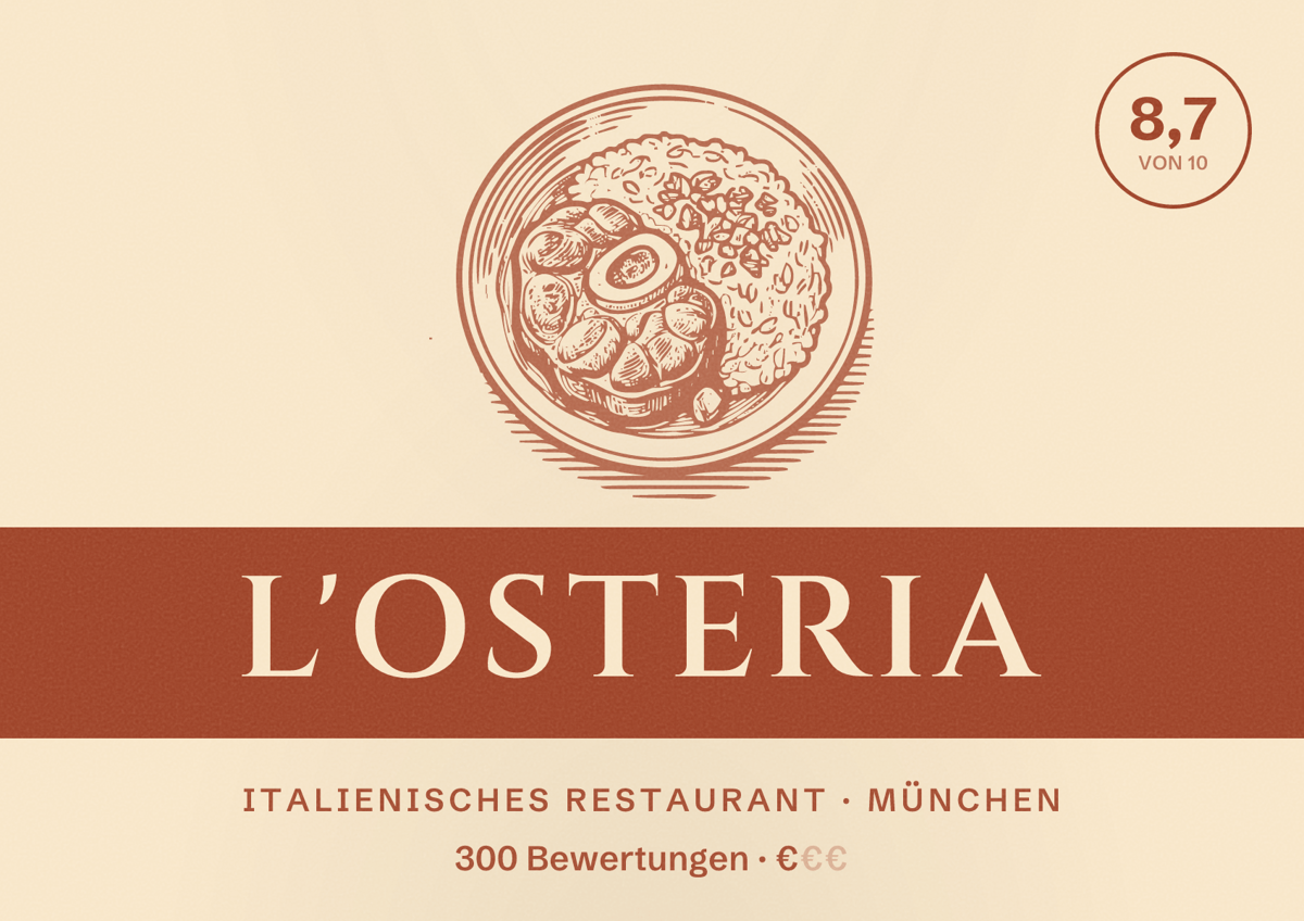 Illustriertes Poster von L'Osteria, Italienisches Restaurant in München: Bewertung 8,7 von 10 aus 300 Bewertungen, Preisniveau €