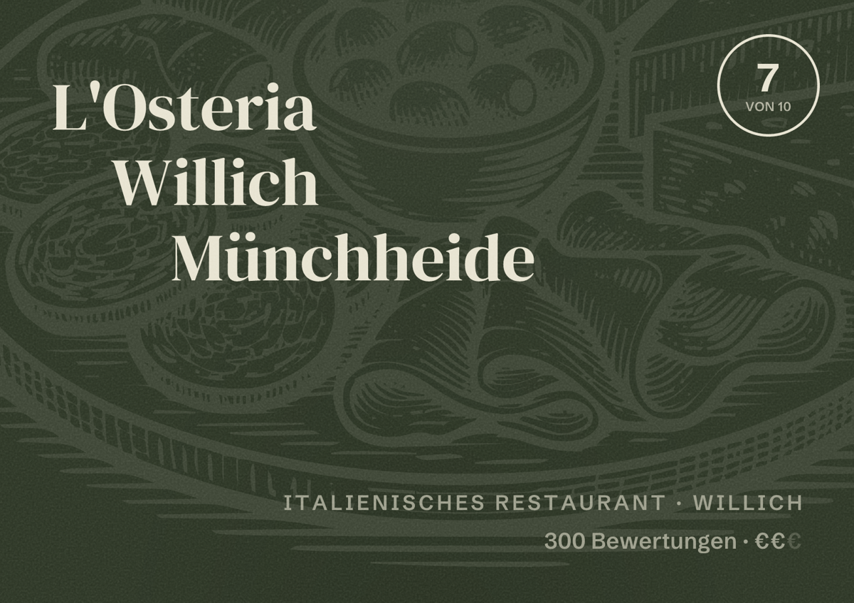 Illustriertes Poster von L'Osteria Willich Münchheide, Italienisches Restaurant in Willich: Bewertung 7 von 10 aus 300 Bewertungen, Preisniveau €€