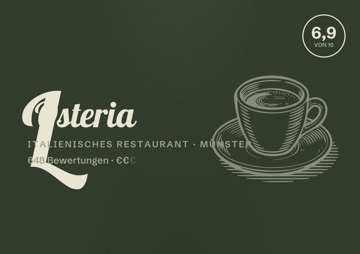 Illustriertes Poster von L'Osteria, Italienisches Restaurant in Münster: Bewertung 6,9 von 10 aus 648 Bewertungen, Preisniveau €€