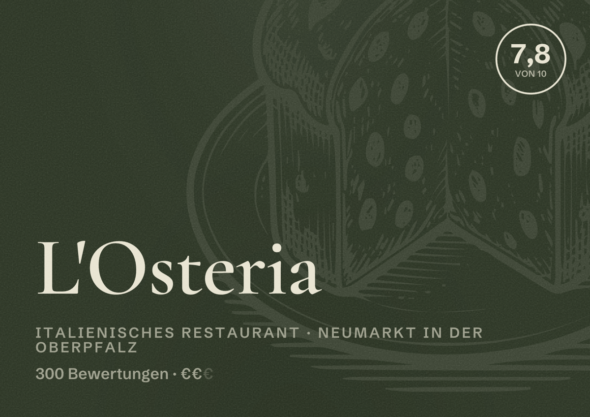 Illustriertes Poster von L'Osteria, Italienisches Restaurant in Neumarkt in der Oberpfalz: Bewertung 7,8 von 10 aus 300 Bewertungen, Preisniveau €€