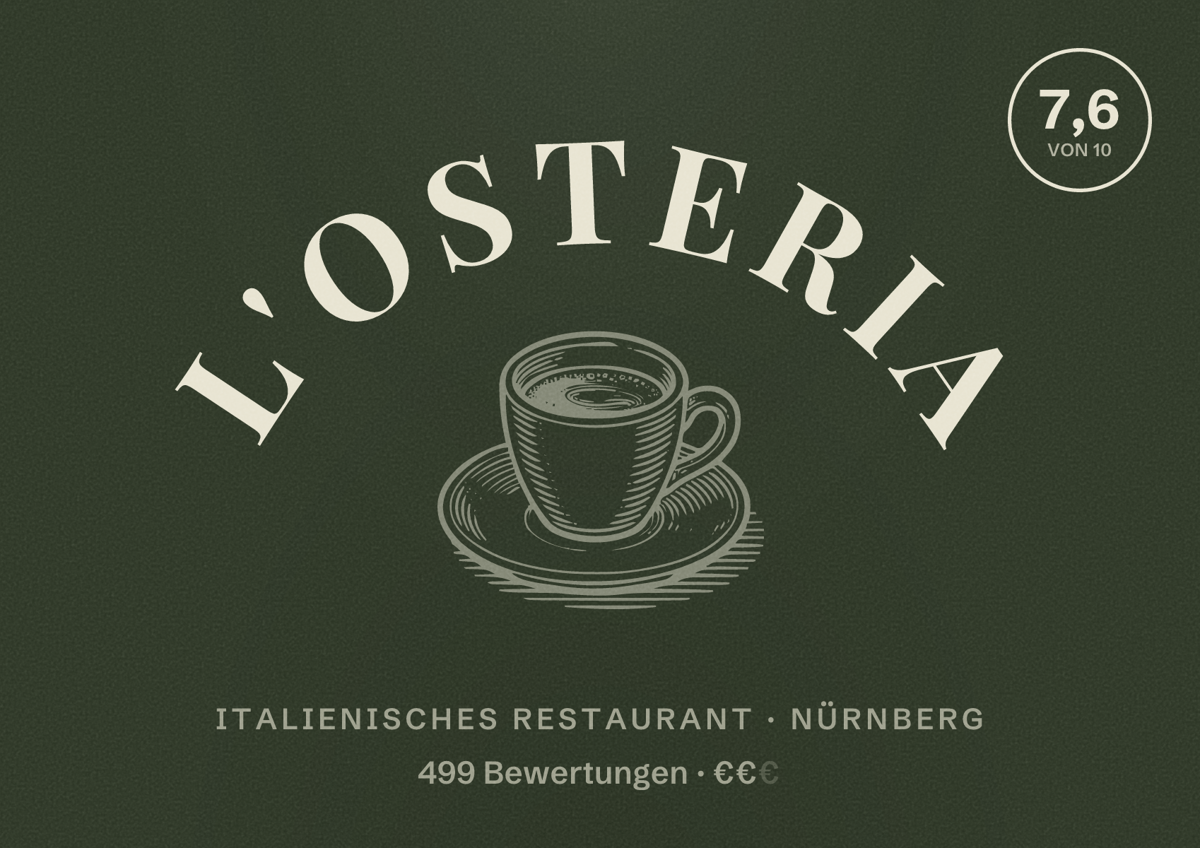 Illustriertes Poster von L'Osteria, Italienisches Restaurant in Nürnberg: Bewertung 7,6 von 10 aus 499 Bewertungen, Preisniveau €€