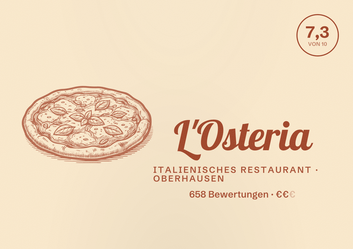Illustriertes Poster von L'Osteria, Italienisches Restaurant in Oberhausen: Bewertung 7,3 von 10 aus 658 Bewertungen, Preisniveau €€