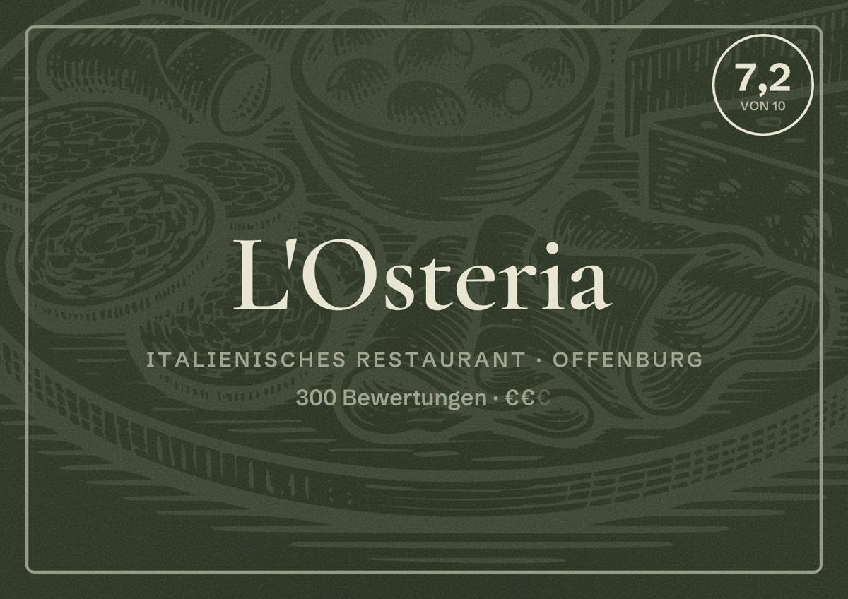 Illustriertes Poster von L'Osteria, Italienisches Restaurant in Offenburg: Bewertung 7,2 von 10 aus 300 Bewertungen, Preisniveau €€