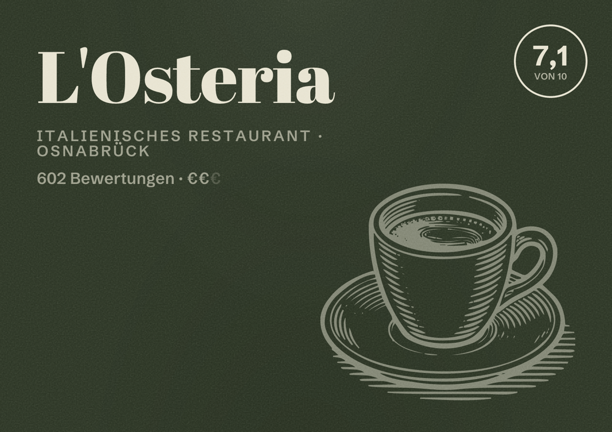 Illustriertes Poster von L'Osteria, Italienisches Restaurant in Osnabrück: Bewertung 7,1 von 10 aus 602 Bewertungen, Preisniveau €€