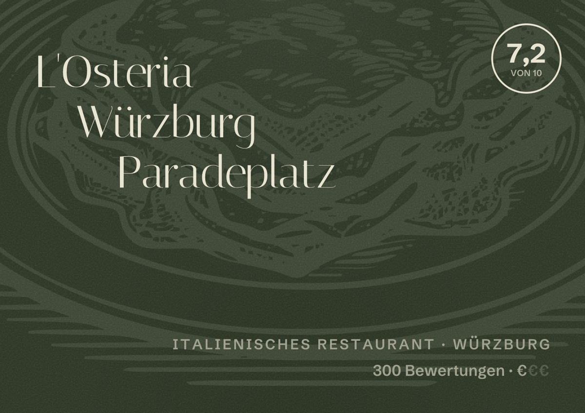 Illustriertes Poster von L'Osteria Würzburg Paradeplatz, Italienisches Restaurant in Würzburg: Bewertung 7,2 von 10 aus 300 Bewertungen, Preisniveau €