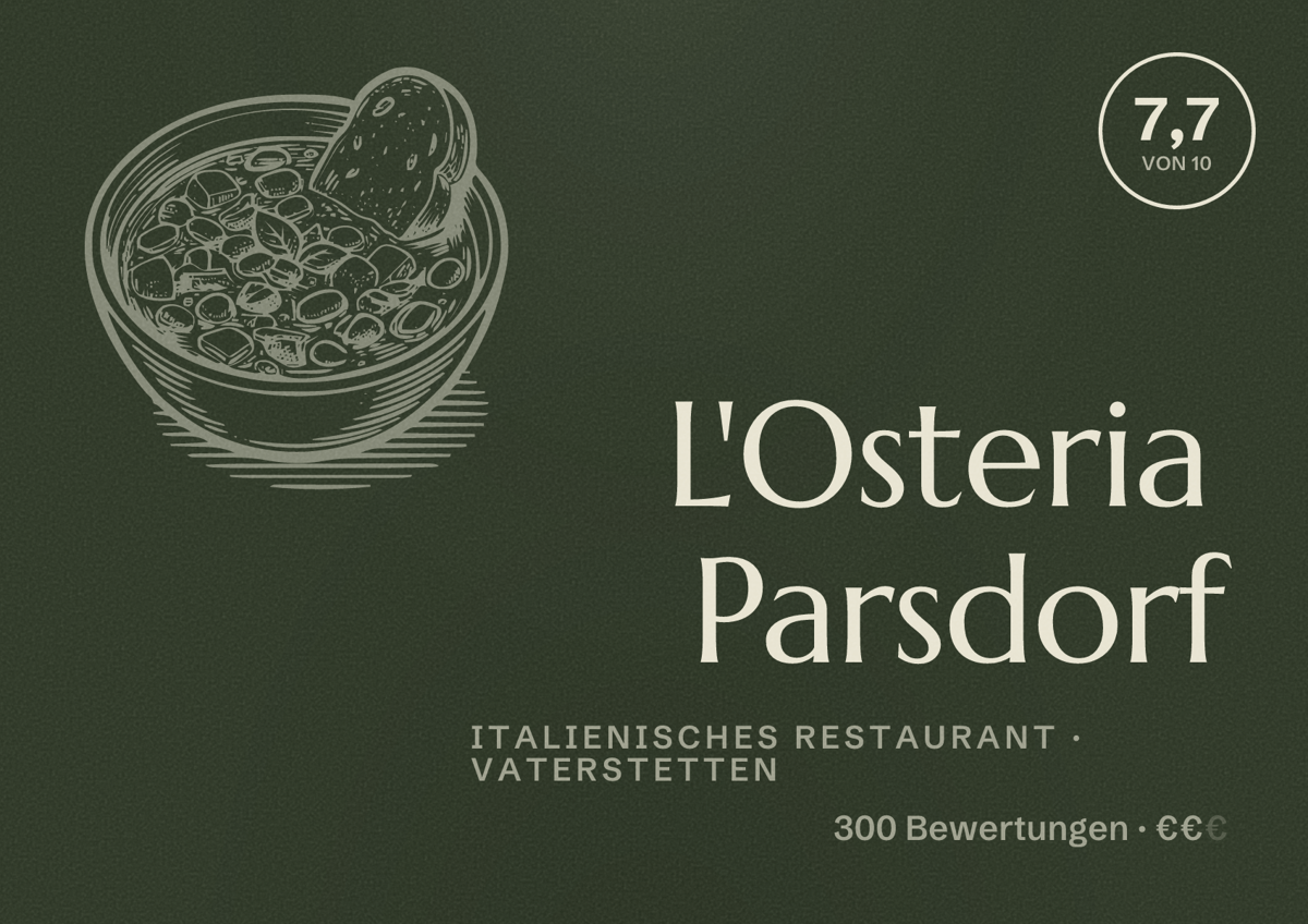 Illustriertes Poster von L'Osteria Parsdorf, Italienisches Restaurant in Vaterstetten: Bewertung 7,7 von 10 aus 300 Bewertungen, Preisniveau €€
