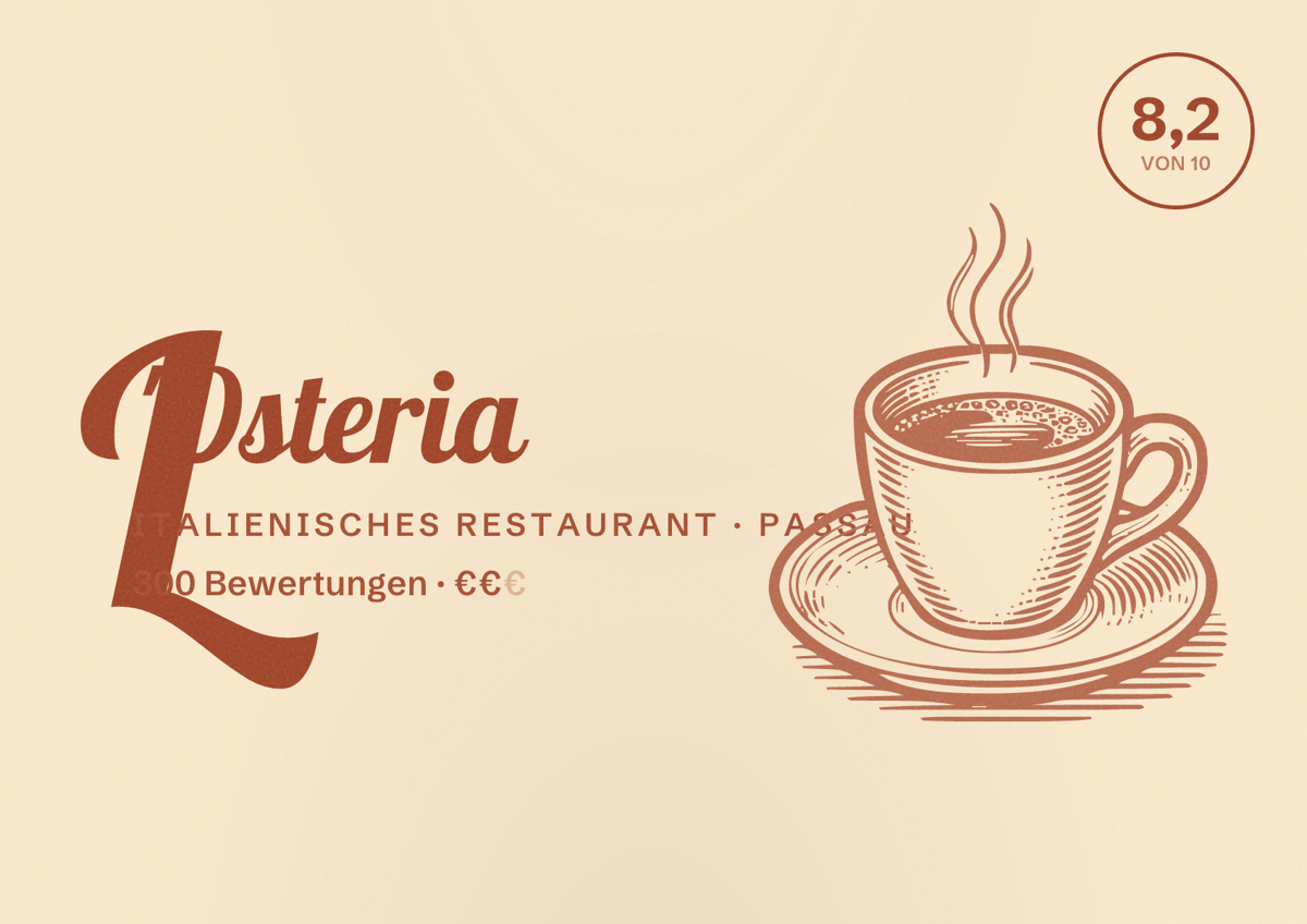 Illustriertes Poster von L'Osteria, Italienisches Restaurant in Passau: Bewertung 8,2 von 10 aus 300 Bewertungen, Preisniveau €€