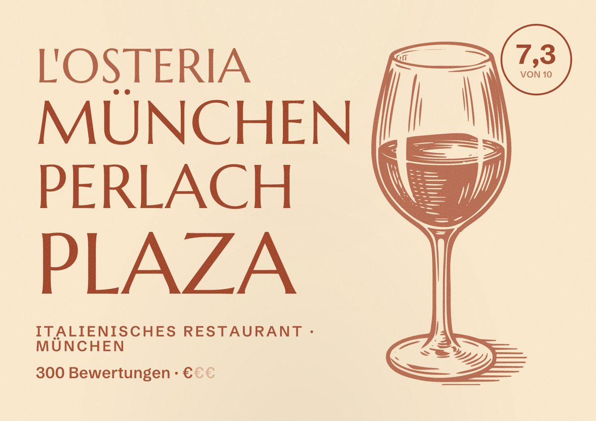 Illustriertes Poster von L'Osteria München Perlach Plaza, Italienisches Restaurant in München: Bewertung 7,3 von 10 aus 300 Bewertungen, Preisniveau €