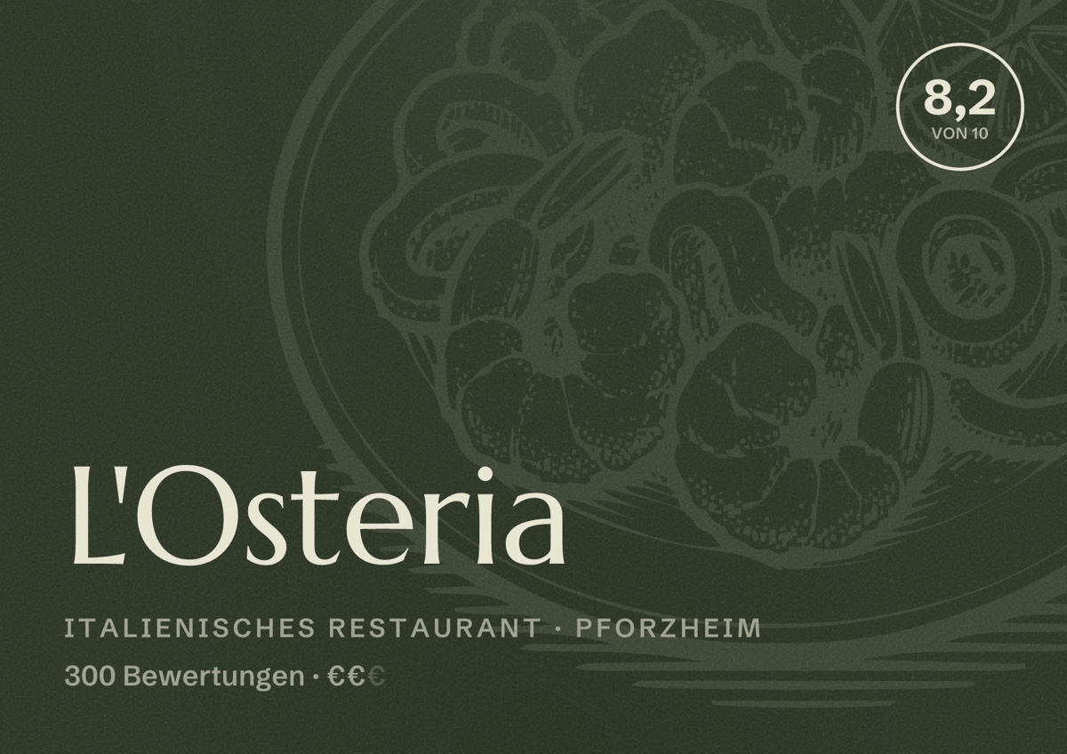 Illustriertes Poster von L'Osteria, Italienisches Restaurant in Pforzheim: Bewertung 8,2 von 10 aus 300 Bewertungen, Preisniveau €€