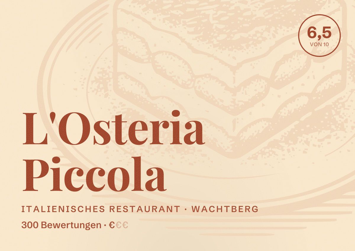 Illustriertes Poster von L'Osteria Piccola, Italienisches Restaurant in Wachtberg: Bewertung 6,5 von 10 aus 300 Bewertungen, Preisniveau €