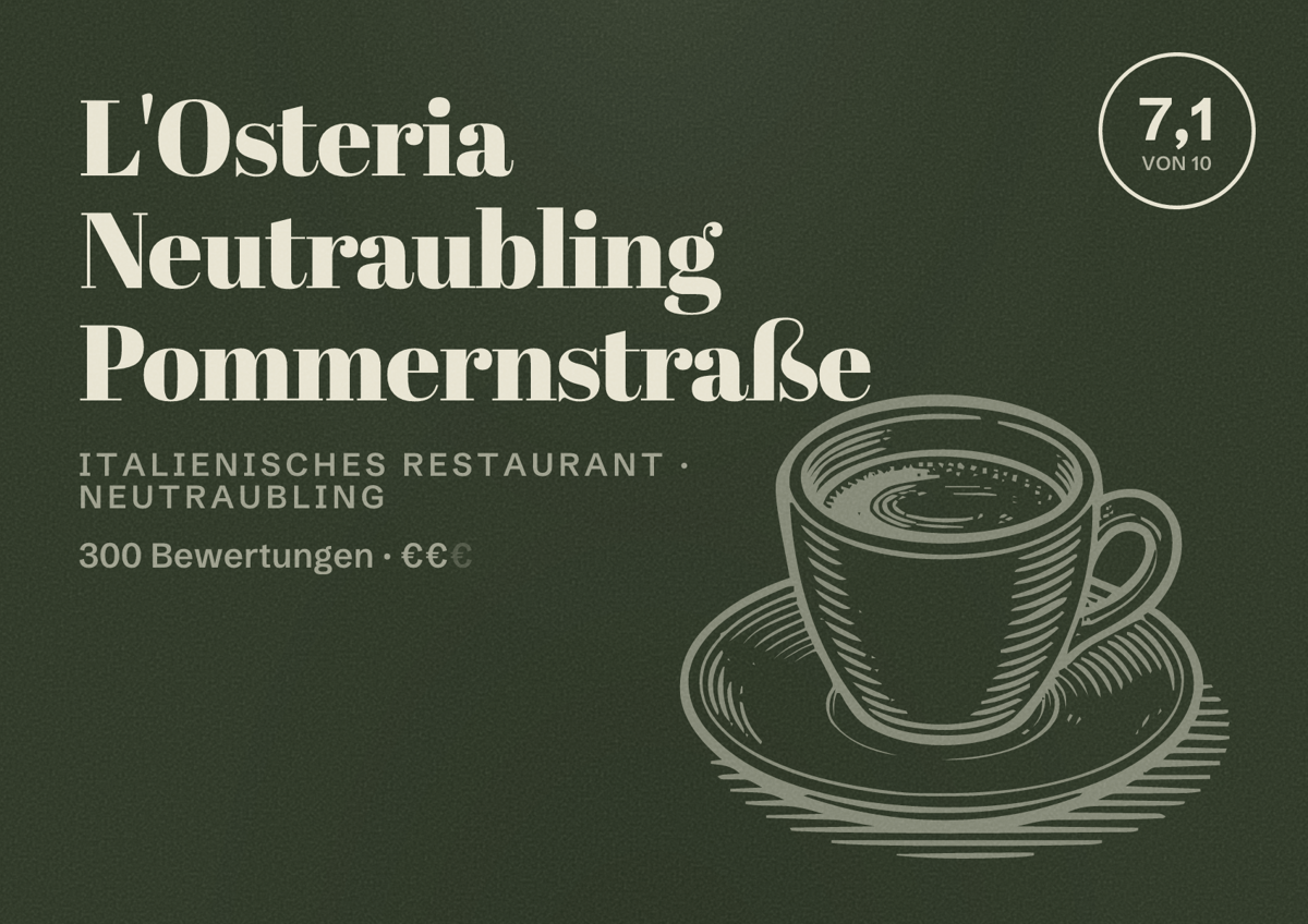 Illustriertes Poster von L'Osteria Neutraubling Pommernstraße, Italienisches Restaurant in Neutraubling: Bewertung 7,1 von 10 aus 300 Bewertungen, Preisniveau €€