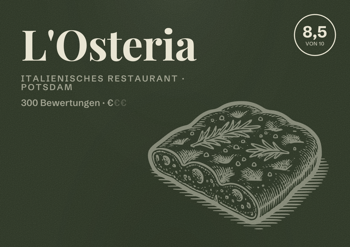 Illustriertes Poster von L'Osteria, Italienisches Restaurant in Potsdam: Bewertung 8,5 von 10 aus 300 Bewertungen, Preisniveau €