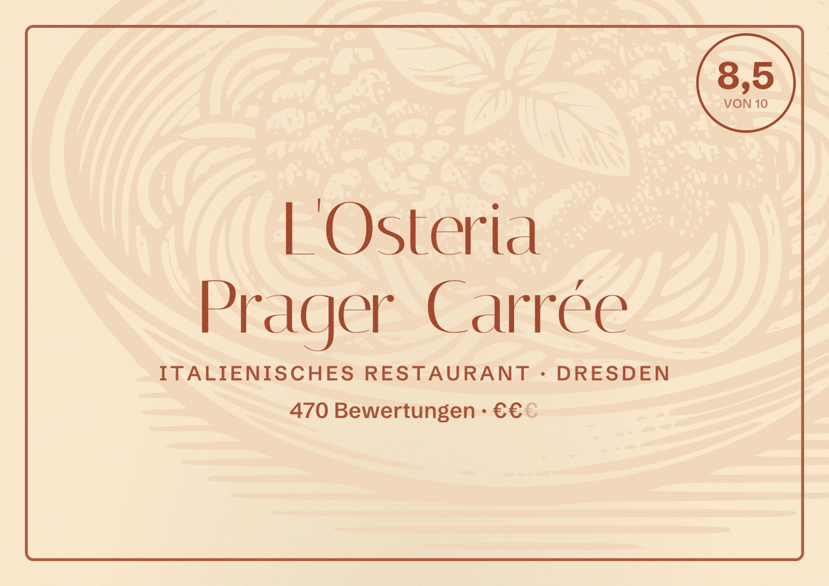 Illustriertes Poster von L'Osteria Prager Carrée, Italienisches Restaurant in Dresden: Bewertung 8,5 von 10 aus 470 Bewertungen, Preisniveau €€