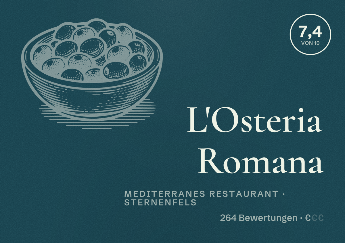 Illustriertes Poster von L'Osteria Romana, Mediterranes Restaurant in Sternenfels: Bewertung 7,4 von 10 aus 264 Bewertungen, Preisniveau €