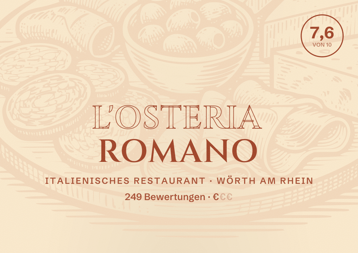 Illustriertes Poster von L'Osteria Romano, Italienisches Restaurant in Wörth am Rhein: Bewertung 7,6 von 10 aus 249 Bewertungen, Preisniveau €