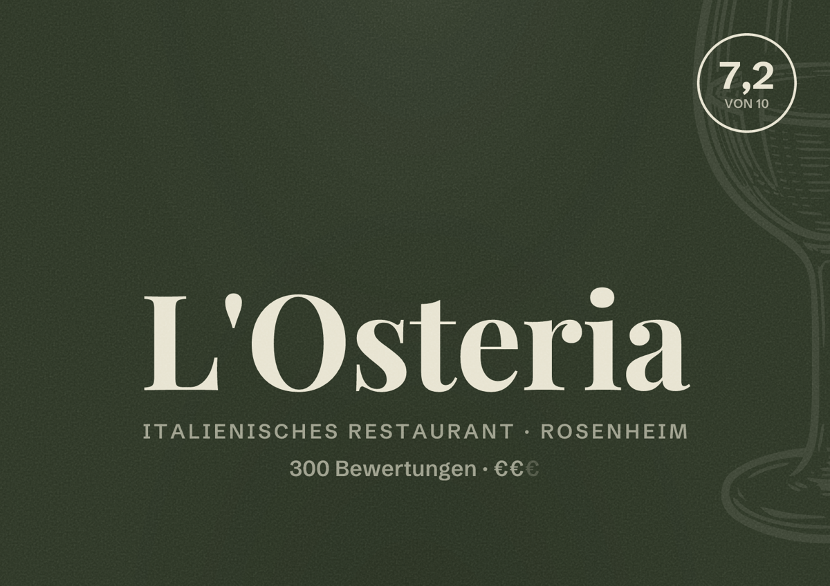 Illustriertes Poster von L'Osteria, Italienisches Restaurant in Rosenheim: Bewertung 7,2 von 10 aus 300 Bewertungen, Preisniveau €€