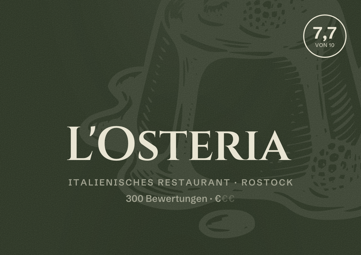 Illustriertes Poster von L'Osteria, Italienisches Restaurant in Rostock: Bewertung 7,7 von 10 aus 300 Bewertungen, Preisniveau €
