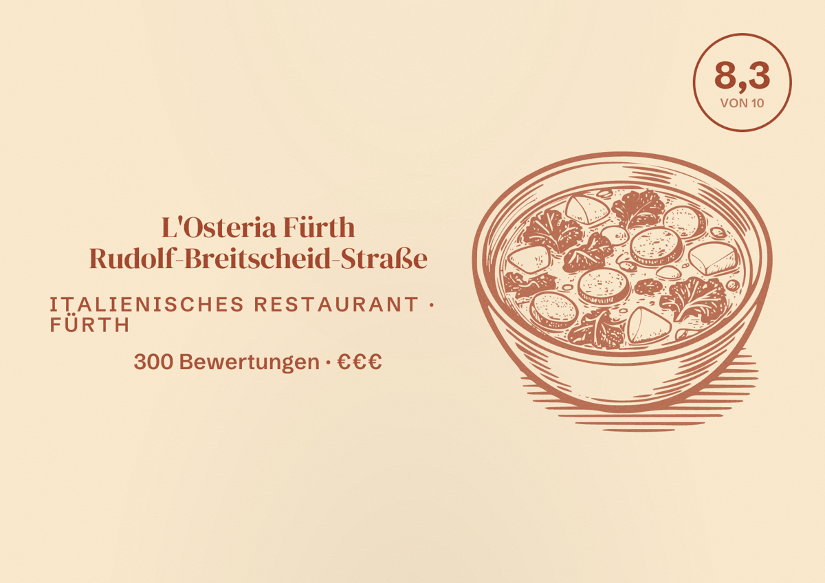 Illustriertes Poster von L'Osteria Fürth Rudolf-Breitscheid-Straße, Italienisches Restaurant in Fürth: Bewertung 8,3 von 10 aus 300 Bewertungen, Preisniveau €€€