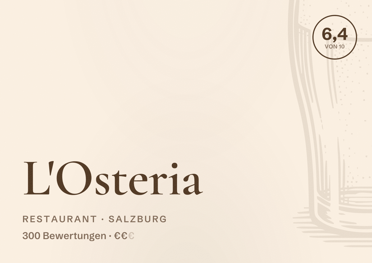 Illustriertes Poster von L'Osteria, Restaurant in Salzburg: Bewertung 6,4 von 10 aus 300 Bewertungen, Preisniveau €€