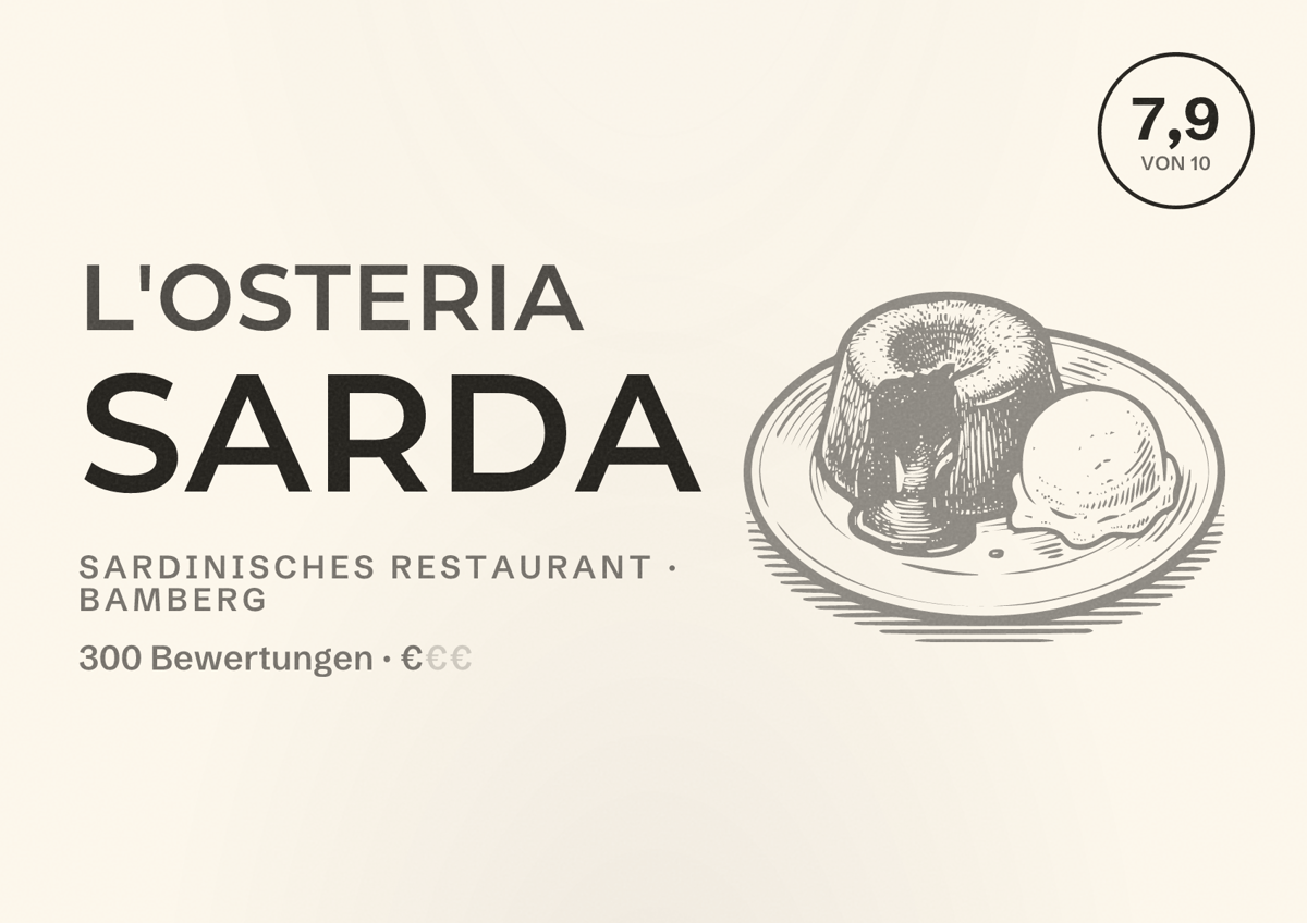 Illustriertes Poster von L'Osteria Sarda, Sardinisches Restaurant in Bamberg: Bewertung 7,9 von 10 aus 300 Bewertungen, Preisniveau €