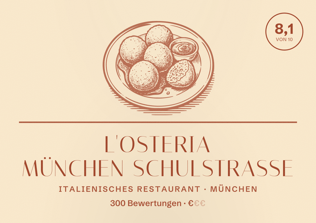 Illustriertes Poster von L'Osteria München Schulstraße, Italienisches Restaurant in München: Bewertung 8,1 von 10 aus 300 Bewertungen, Preisniveau €