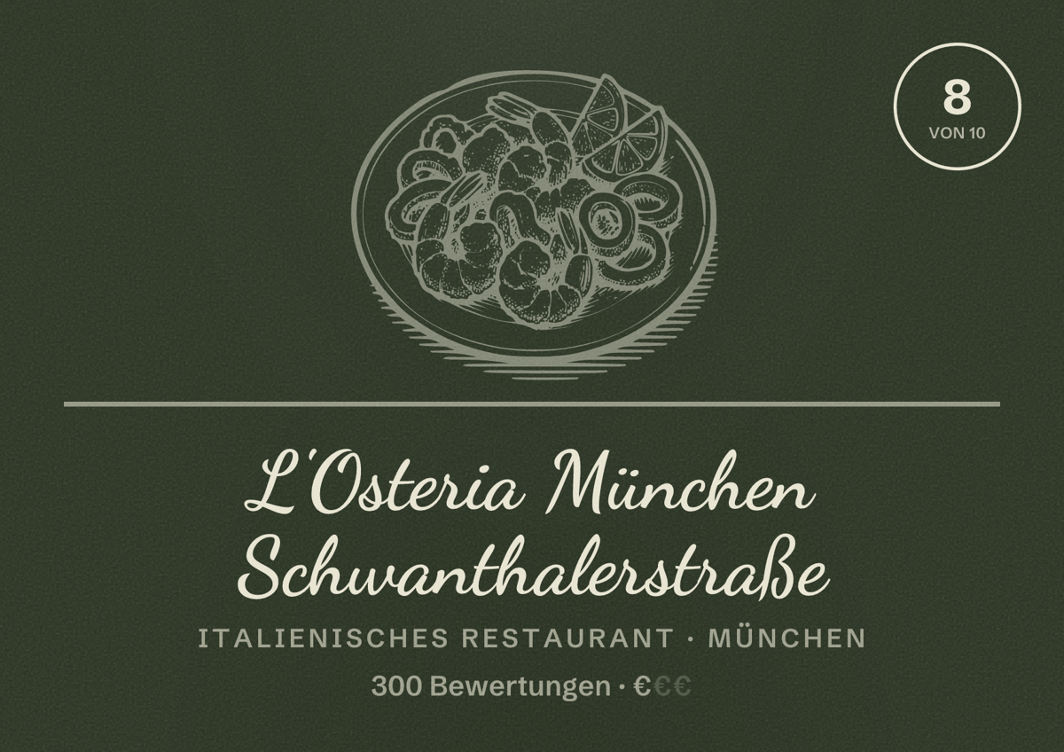 Illustriertes Poster von L'Osteria München Schwanthalerstraße, Italienisches Restaurant in München: Bewertung 8,0 von 10 aus 300 Bewertungen, Preisniveau €