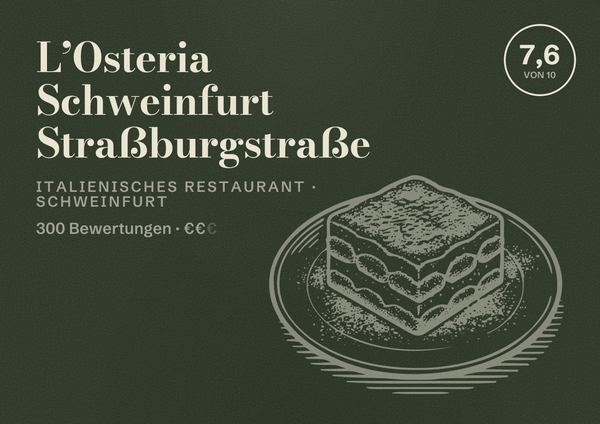Illustriertes Poster von L’Osteria Schweinfurt Straßburgstraße, Italienisches Restaurant in Schweinfurt: Bewertung 7,6 von 10 aus 300 Bewertungen, Preisniveau €€