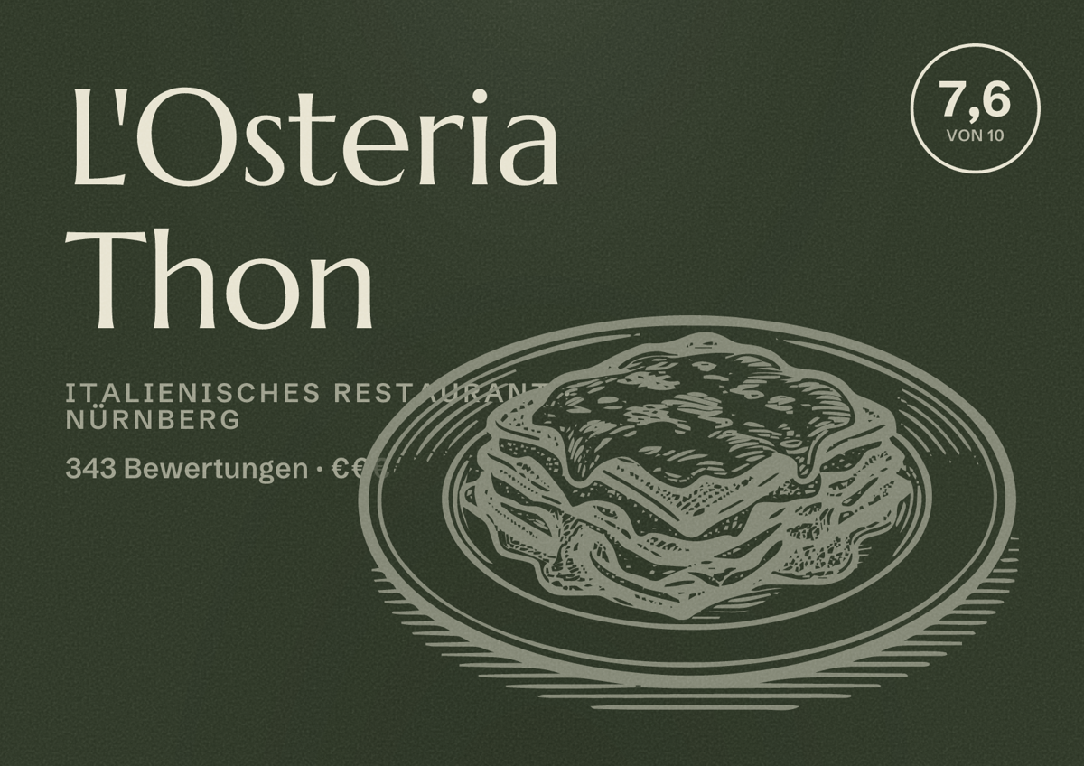 Illustriertes Poster von L'Osteria Thon, Italienisches Restaurant in Nürnberg: Bewertung 7,6 von 10 aus 343 Bewertungen, Preisniveau €€