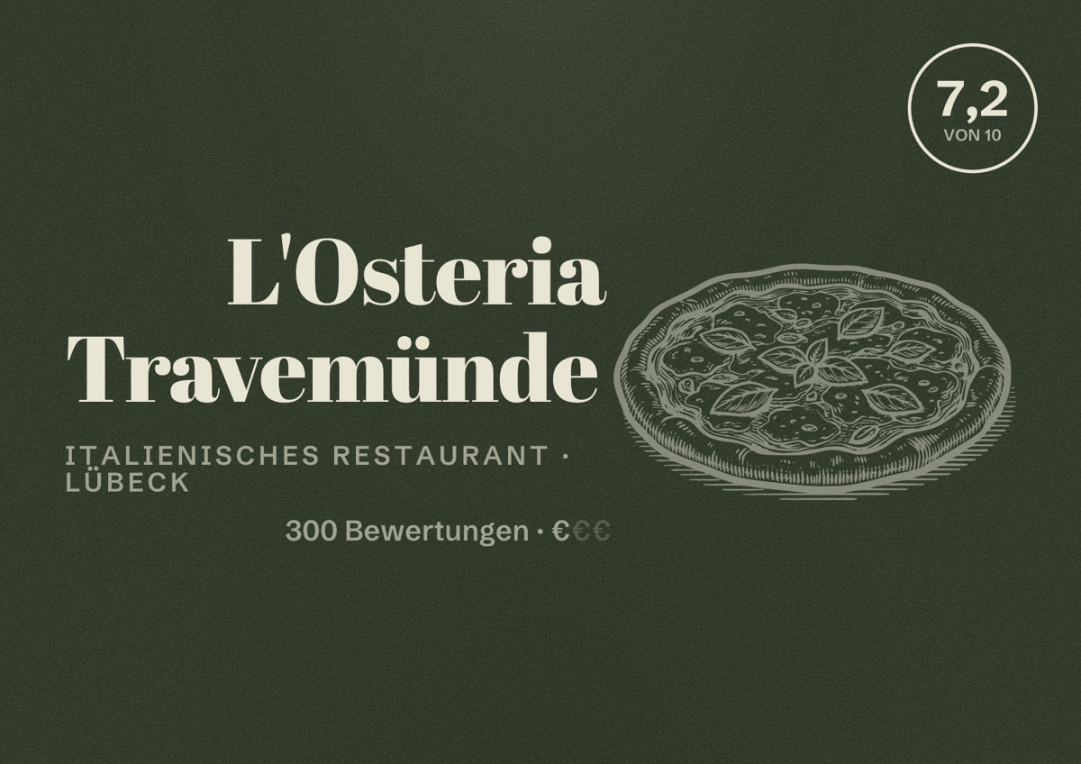 Illustriertes Poster von L'Osteria Travemünde, Italienisches Restaurant in Lübeck: Bewertung 7,2 von 10 aus 300 Bewertungen, Preisniveau €