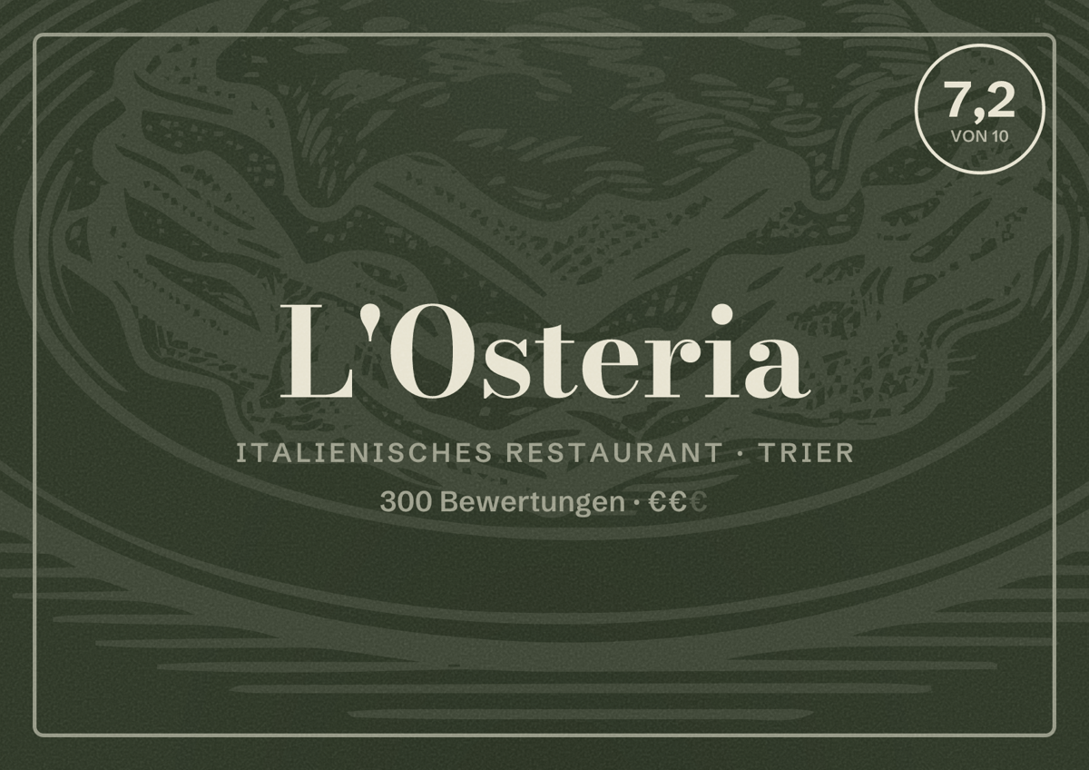 Illustriertes Poster von L'Osteria, Italienisches Restaurant in Trier: Bewertung 7,2 von 10 aus 300 Bewertungen, Preisniveau €€