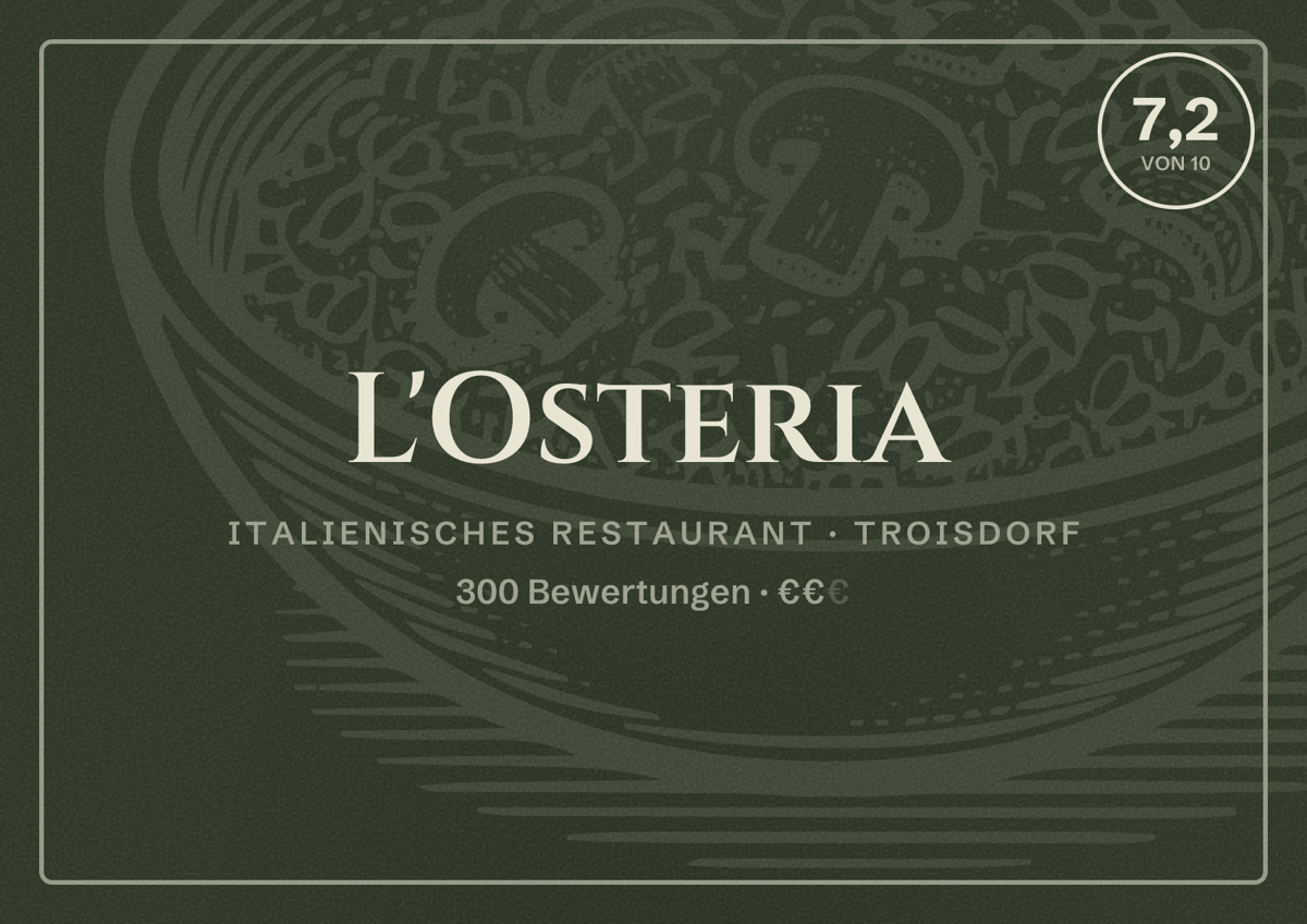 Illustriertes Poster von L'Osteria, Italienisches Restaurant in Troisdorf: Bewertung 7,2 von 10 aus 300 Bewertungen, Preisniveau €€