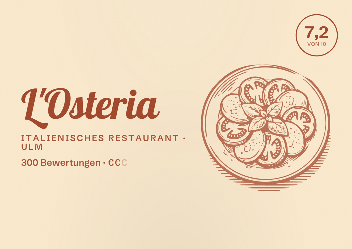 Illustriertes Poster von L'Osteria, Italienisches Restaurant in Ulm: Bewertung 7,2 von 10 aus 300 Bewertungen, Preisniveau €€