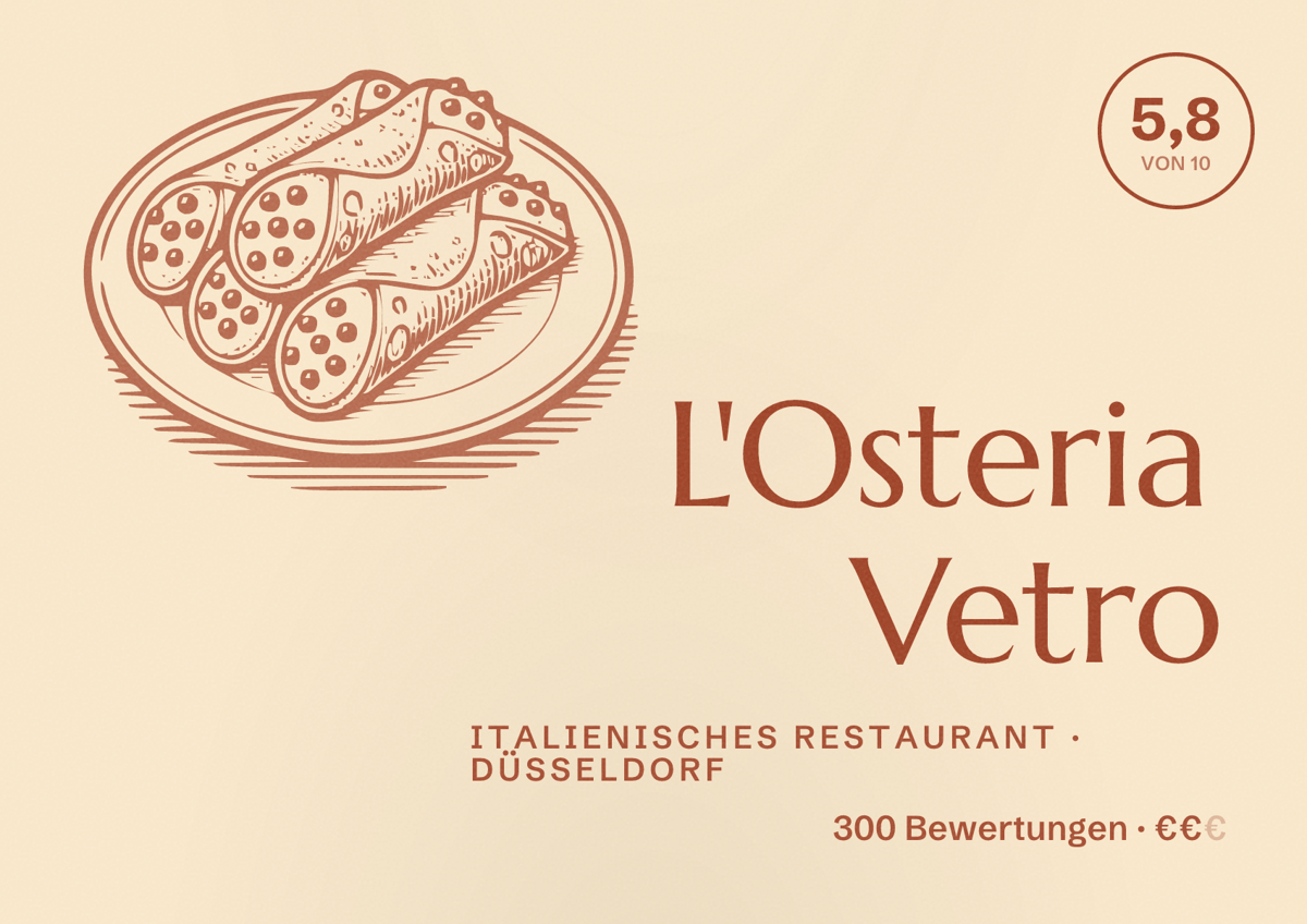 Illustriertes Poster von L'Osteria Vetro, Italienisches Restaurant in Düsseldorf: Bewertung 5,8 von 10 aus 300 Bewertungen, Preisniveau €€