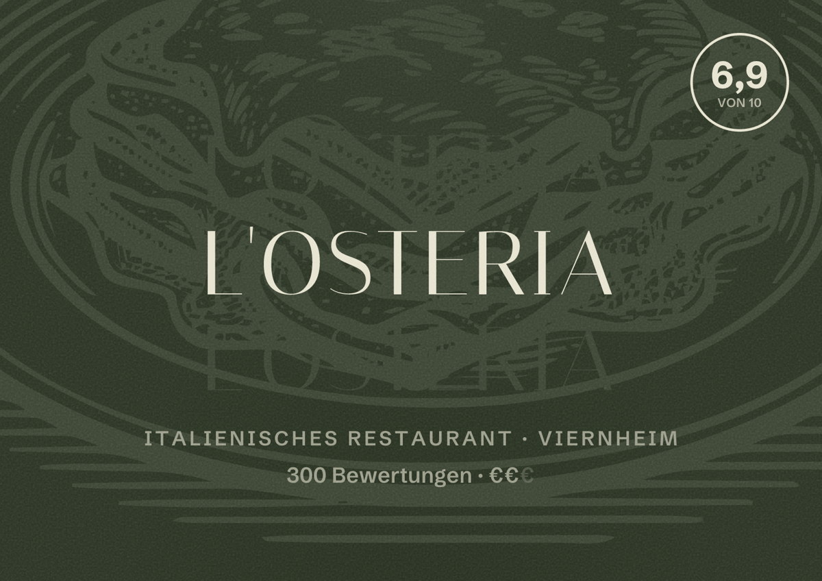 Illustriertes Poster von L'Osteria, Italienisches Restaurant in Viernheim: Bewertung 6,9 von 10 aus 300 Bewertungen, Preisniveau €€