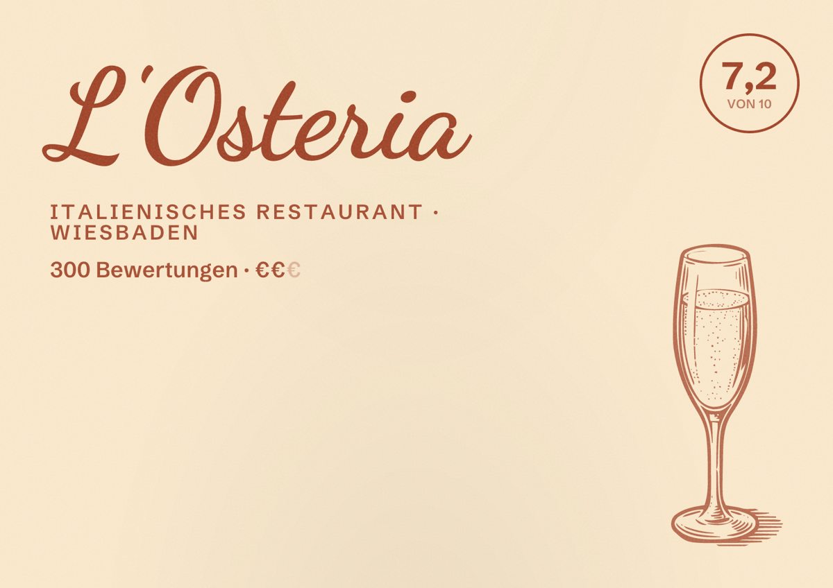 Illustriertes Poster von L'Osteria, Italienisches Restaurant in Wiesbaden: Bewertung 7,2 von 10 aus 300 Bewertungen, Preisniveau €€