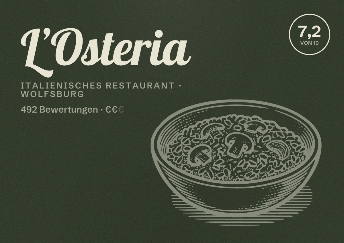 Illustriertes Poster von L’Osteria, Italienisches Restaurant in Wolfsburg: Bewertung 7,2 von 10 aus 492 Bewertungen, Preisniveau €€