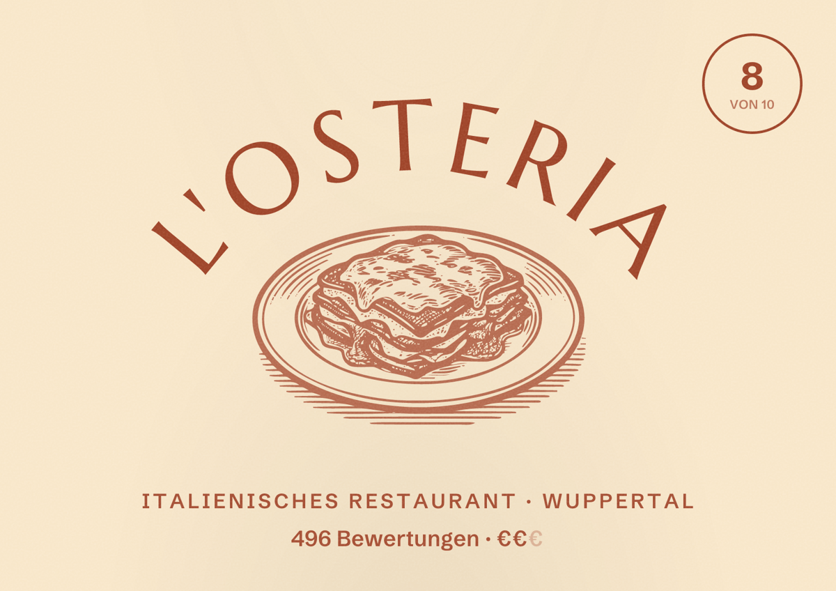 Illustriertes Poster von L'Osteria, Italienisches Restaurant in Wuppertal: Bewertung 8 von 10 aus 496 Bewertungen, Preisniveau €€