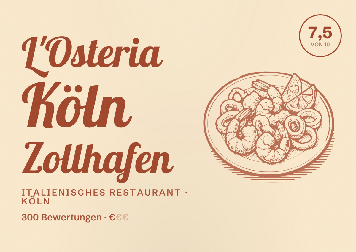 Illustriertes Poster von L'Osteria Köln Zollhafen, Italienisches Restaurant in Köln: Bewertung 7,5 von 10 aus 300 Bewertungen, Preisniveau €