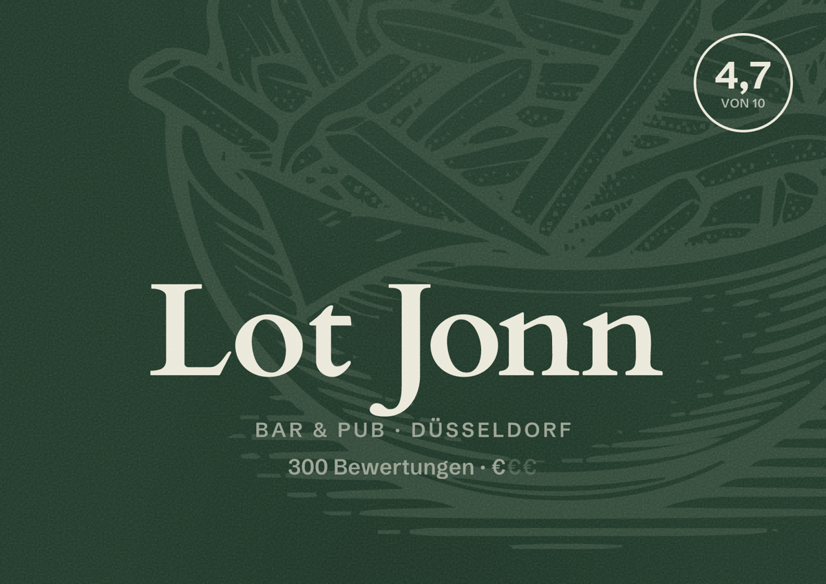 Illustriertes Poster von Lot Jonn, Bar & Pub in Düsseldorf: Bewertung 4,7 von 10 aus 300 Bewertungen, Preisniveau €