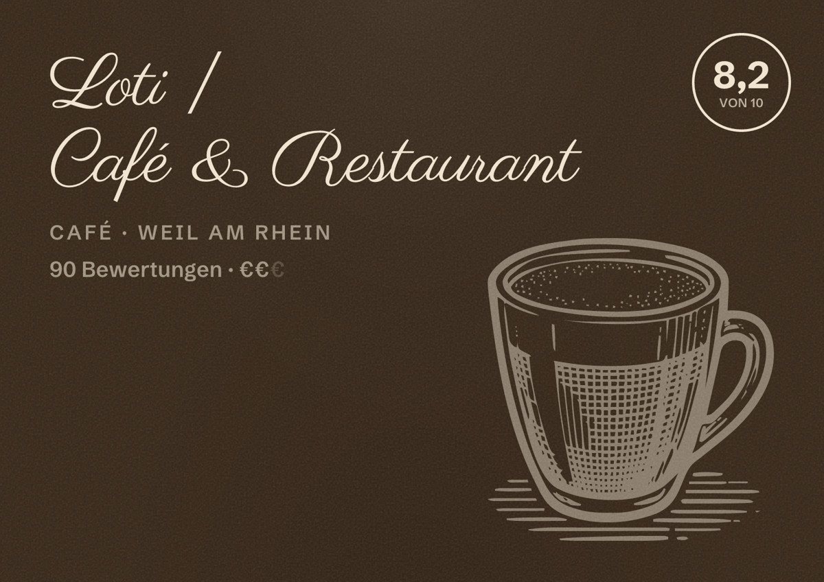 Illustriertes Poster von Loti | Café & Restaurant, Café in Weil am Rhein: Bewertung 8,2 von 10 aus 90 Bewertungen, Preisniveau €€
