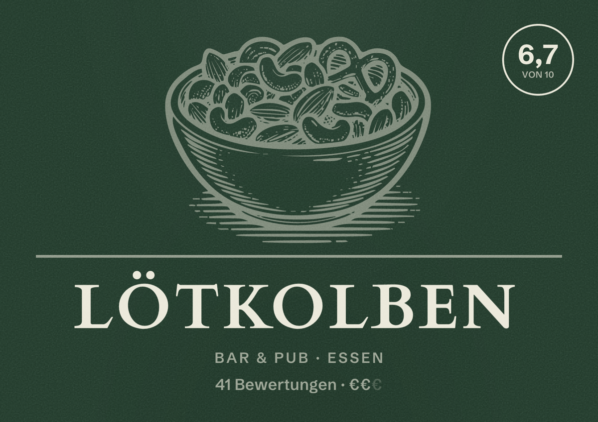 Illustriertes Poster von Lötkolben, Bar & Pub in Essen: Bewertung 6,7 von 10 aus 41 Bewertungen, Preisniveau €€