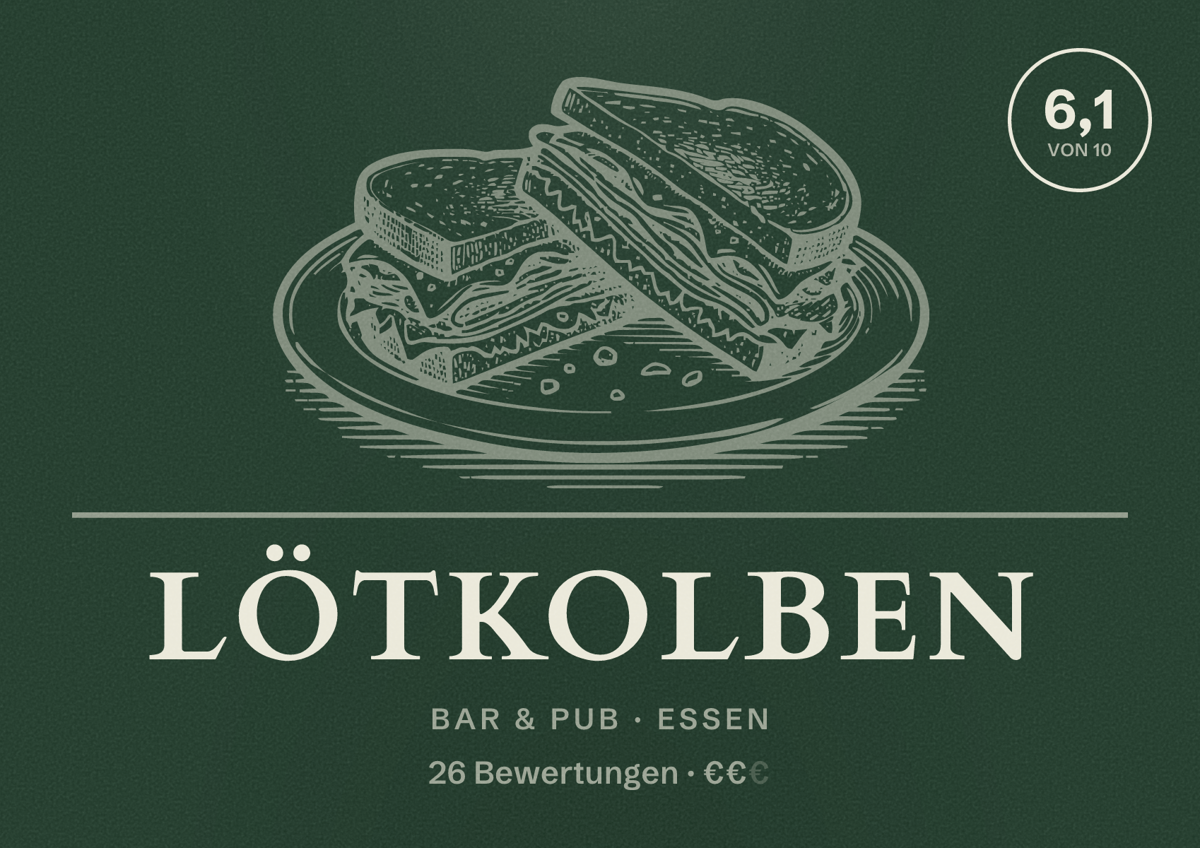 Illustriertes Poster von Lötkolben, Bar & Pub in Essen: Bewertung 6,1 von 10 aus 26 Bewertungen, Preisniveau €€